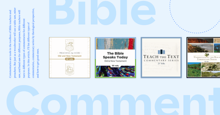 The words Bible Commentary in bold font with 5 of the featured books in the center and a portion of the article text to the left.