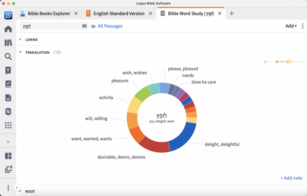 You can jump into a Bible word study right from your passage. For example, if you noticed that the ESV says "pleasure" and CSB and NIV say "pleased" in step 3, you can take a closer look at the word.