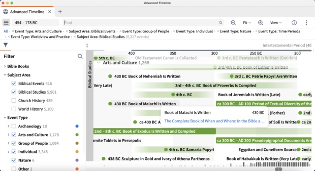 The Advanced Timeline in Logos 10 allows you to see what else was happening in the world when Malachi was written, for example. 