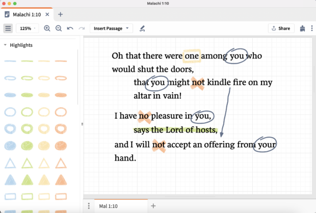 Using Canvas, you can highlight powerful words, connect thoughts, and use other methods to mark up or outline the text.