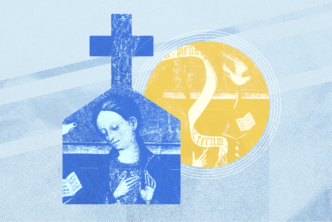 woman saint artwork against blue background