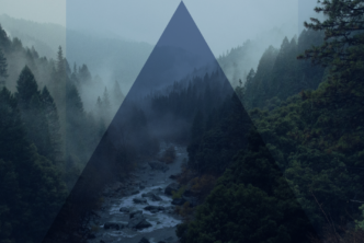 Graphic with a river and forest scene and a large triangle overlaying the image which represents how Christians have debated hierarchy in the Trinity