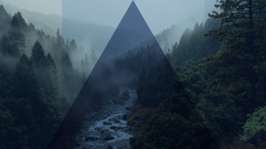 Graphic with a river and forest scene and a large triangle overlaying the image which represents how Christians have debated hierarchy in the Trinity