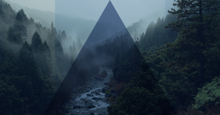 Graphic with a river and forest scene and a large triangle overlaying the image.