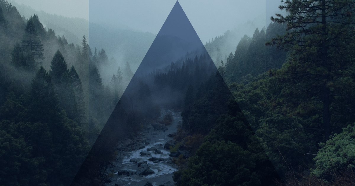 Graphic with a river and forest scene and a large triangle overlaying the image which represents how Christians have debated hierarchy in the Trinity