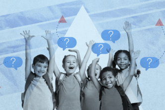 several children on a blue background with a triangle and question marks