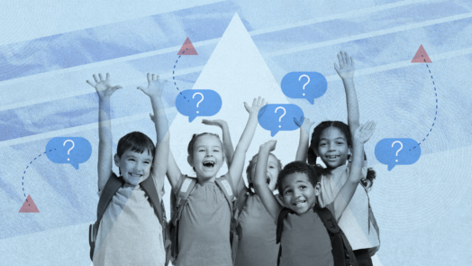 several children on a blue background with a triangle and question marks