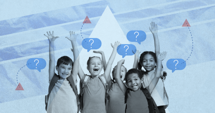 several children on a blue background with a triangle and question marks