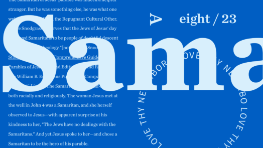 A blue graphic with the letters from Samaritan highlighted with text from the article about the Good Samaritan