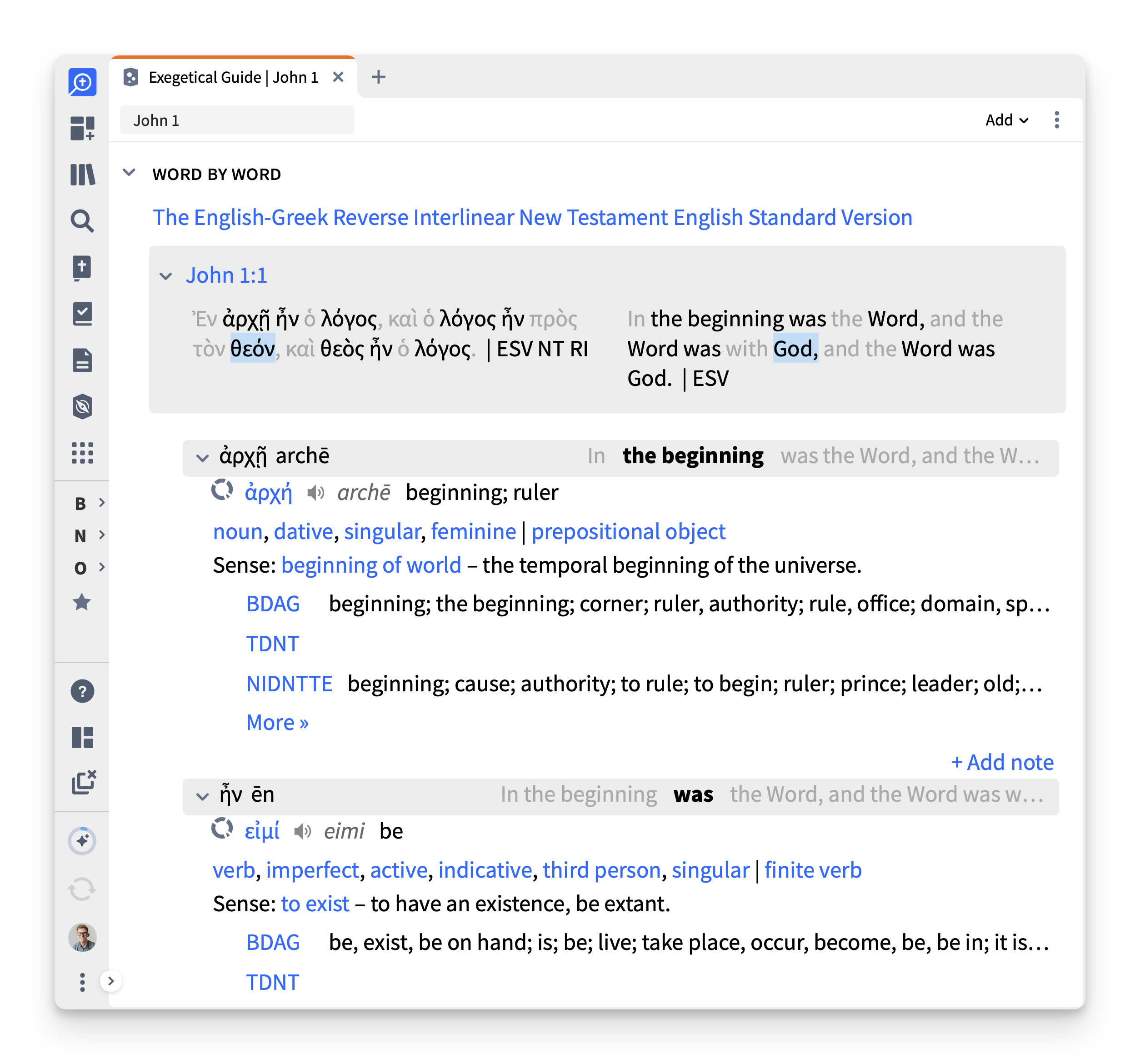 Logos's Exegetical Guide on John 1 showing its Word by Word section.