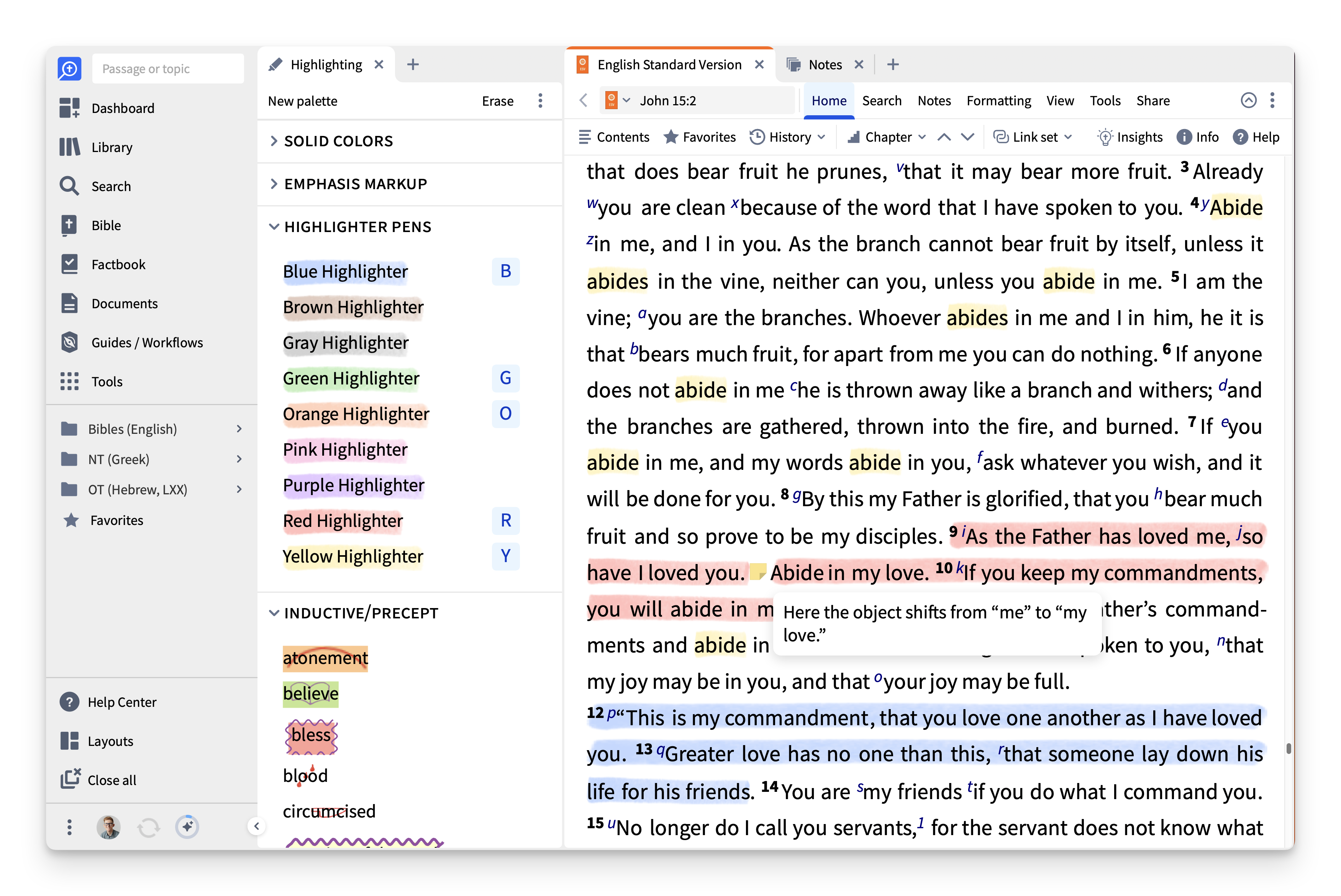 Logos open to John 15 with a note and highlights added to the text.