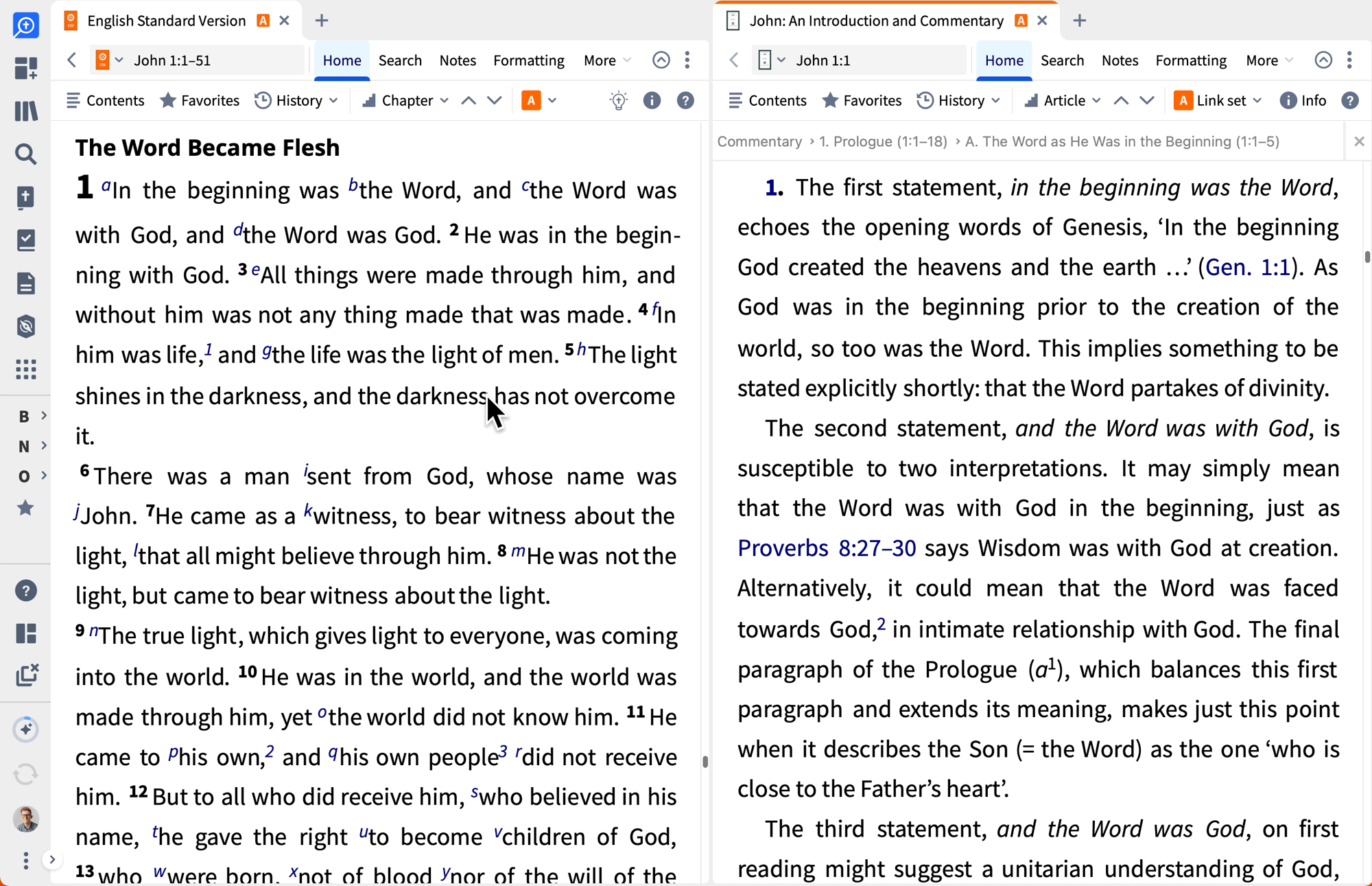 A gif of the ESV Bible and a commentary open to John 1, scrolling in sync using Logos's link set capability.
