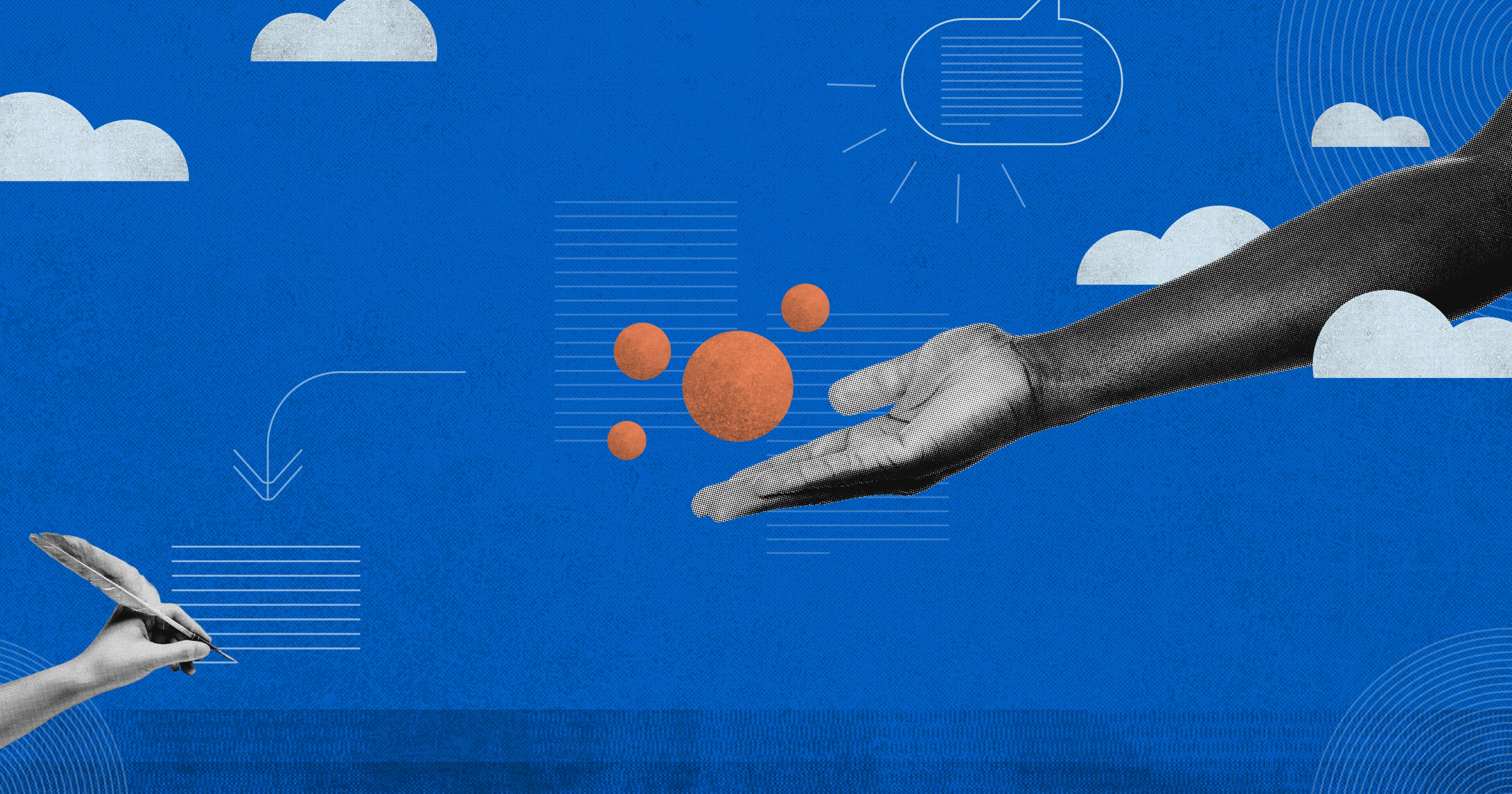 A hand extended to another holding a quill pen, representing God revealing himself to people and humans writing theology.