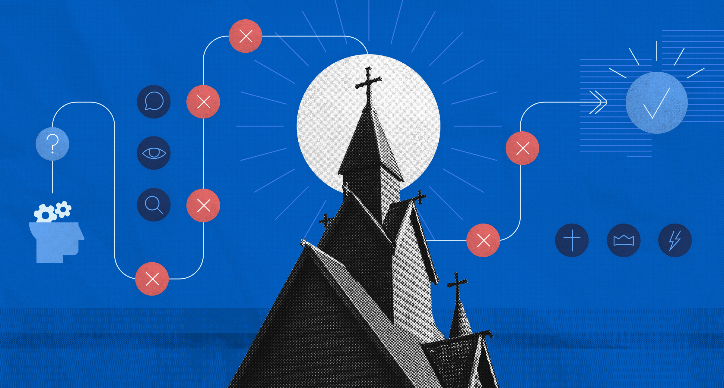 Graphic of a church building with a pathway representing confusion to clarity