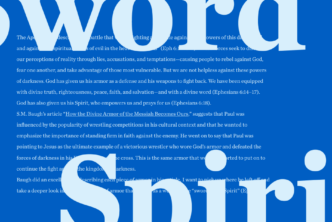 The words Sword and Spirit in bold with copy from the article behind them, on a blue background.