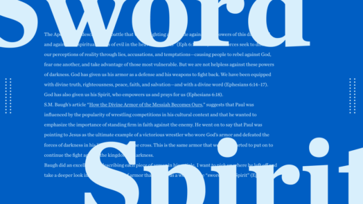 The words Sword and Spirit in bold with copy from the article behind them, on a blue background.