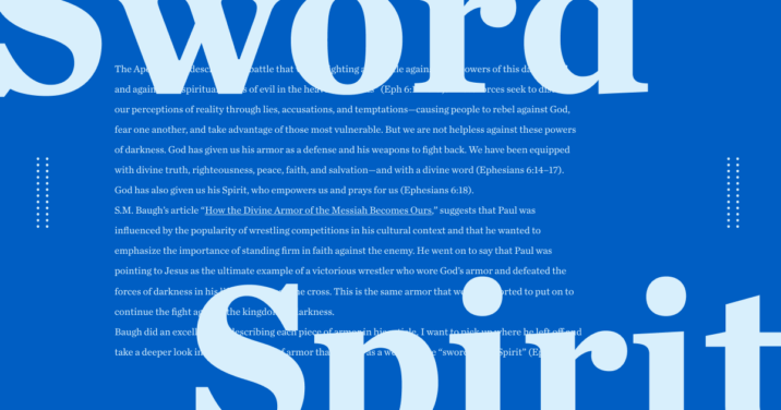 The words Sword and Spirit in bold with copy from the article behind them, on a blue background.