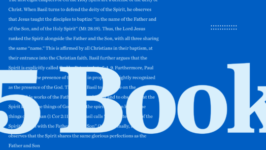 5 Books in light blue text against a background with content from an article recommending the best books on the Holy Spirit