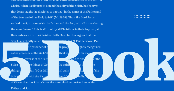 5 Books in light blue text against a background with content from an article recommending the best books on the Holy Spirit