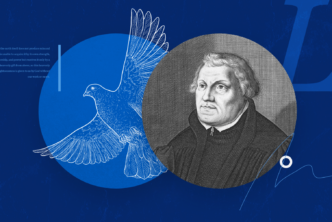 Picture of a dove representing the Holy Spirit adjacent to a picture of Martin Luther