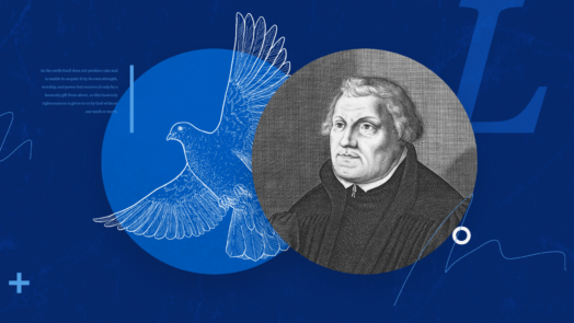 Picture of a dove representing the Holy Spirit adjacent to a picture of Martin Luther