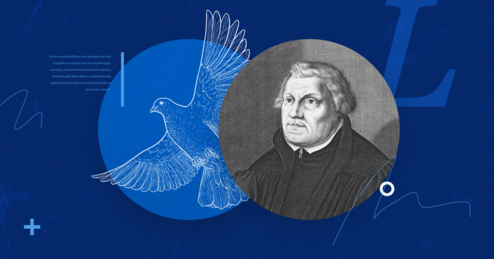 Picture of a dove representing the Holy Spirit adjacent to a picture of Martin Luther