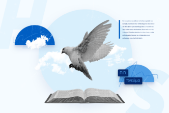 An open Bible with a dove hovering over it.