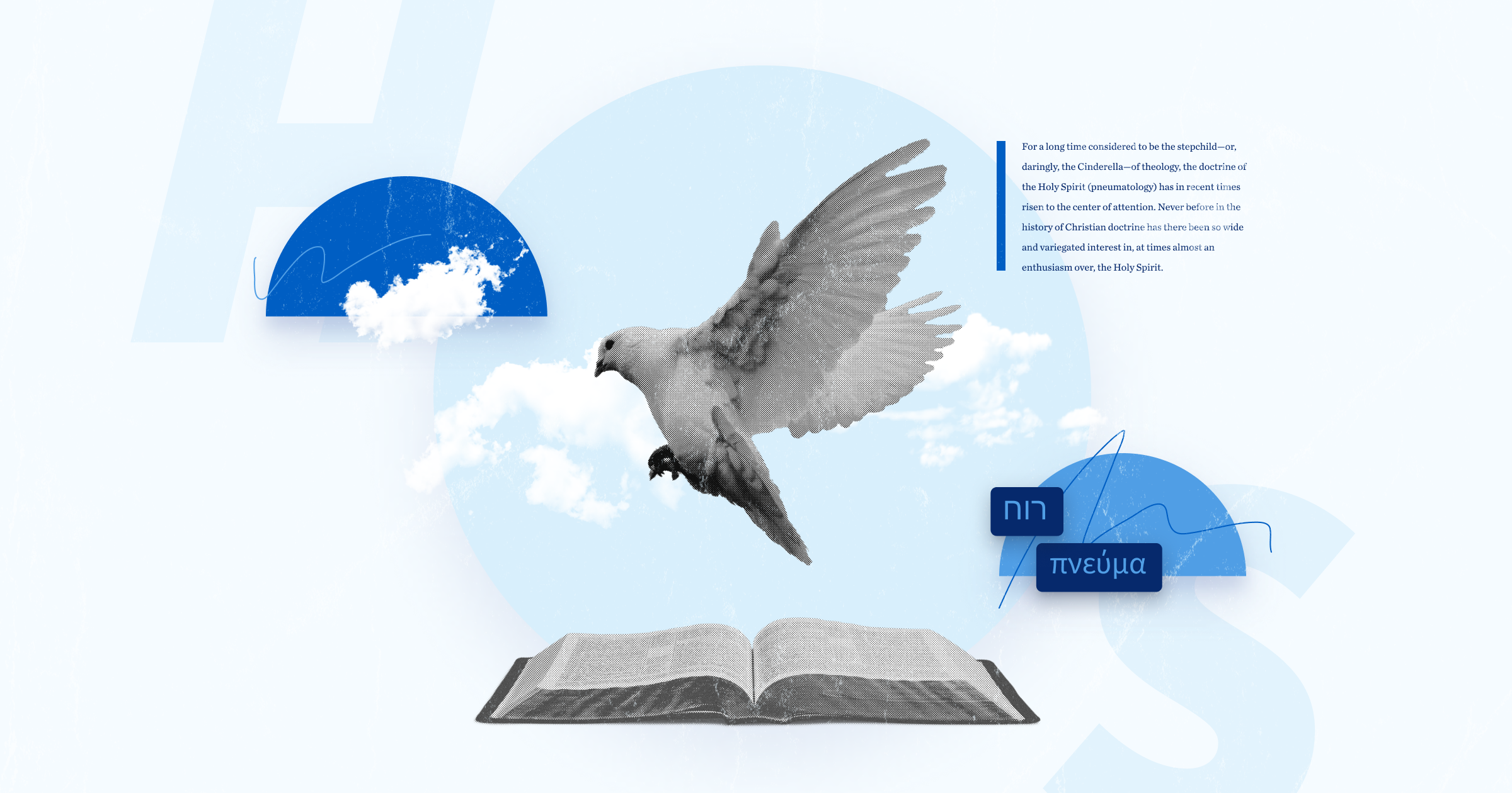 An open Bible with a dove hovering over it.