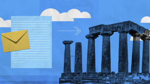 A graphic with a Greek columned structure and a letter being sent, representing the letter to the church at Corinth.
