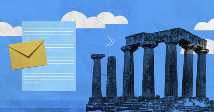 A graphic with a Greek columned structure and a letter being sent, representing the letter to the church at Corinth.