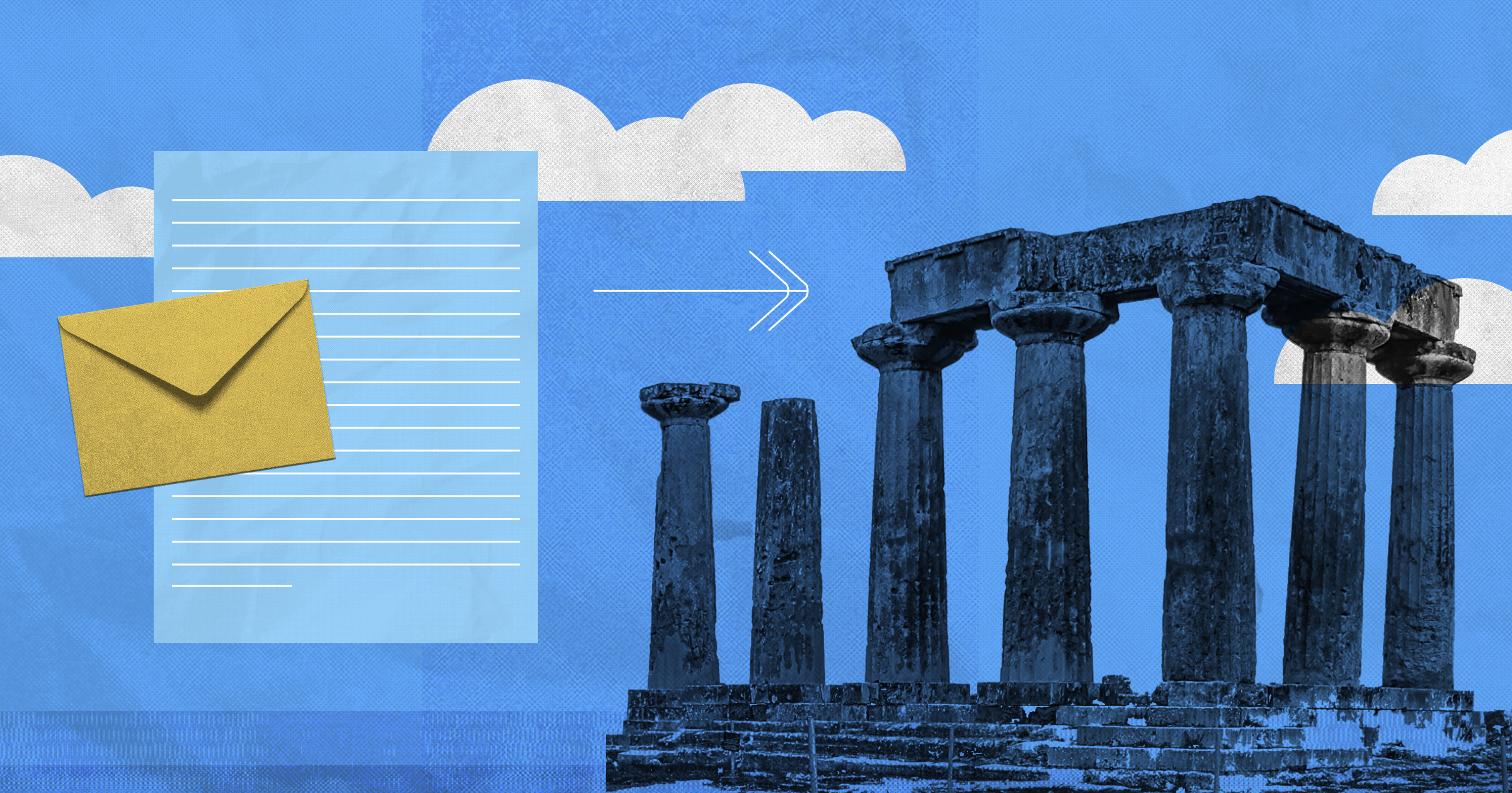 A graphic with a Greek columned structure and a letter being sent, representing the letter to the church at Corinth.
