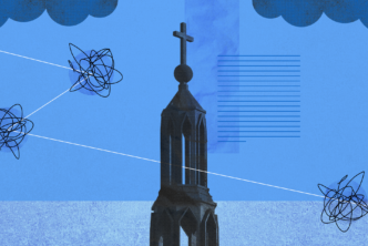 A graphic of a church building with storm clouds around it.