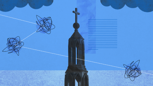 A graphic of a church building with storm clouds around it.