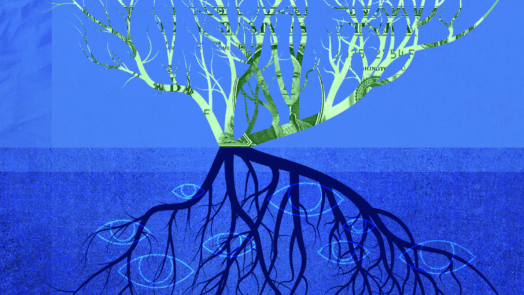 A graphic featuring a tree with its roots. The tree limbs have the color of money and the roots are black, representing the idea that the love of money is the root of all kinds of evil.