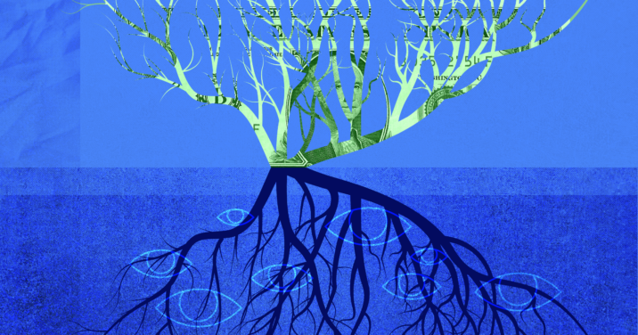 A graphic featuring a tree with its roots. The tree limbs have the color of money and the roots are black, representing the idea that the love of money is the root of all kinds of evil.