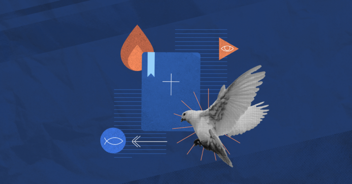 Bird and flame, imagery of the Holy Spirit in the New Testament, with a Bible in the center