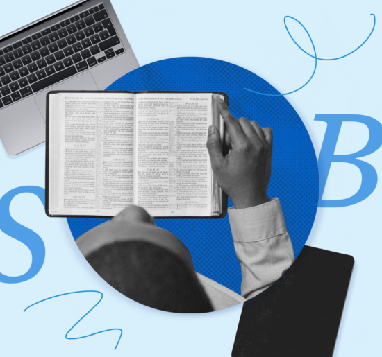 person with a Bible and laptop open, indicating a session of Bible study