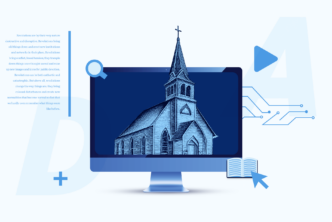 Computer screen with a church building on it