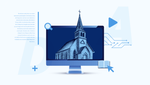 Computer screen with a church building on it