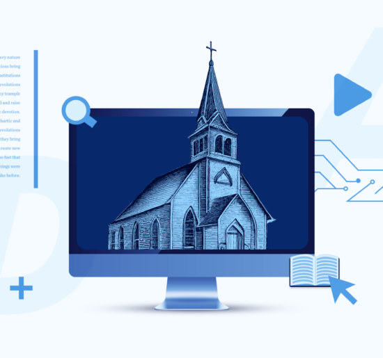Computer screen with a church building on it