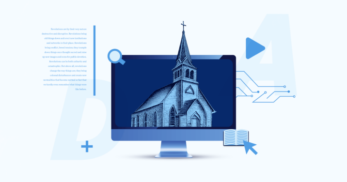 Computer screen with a church building on it