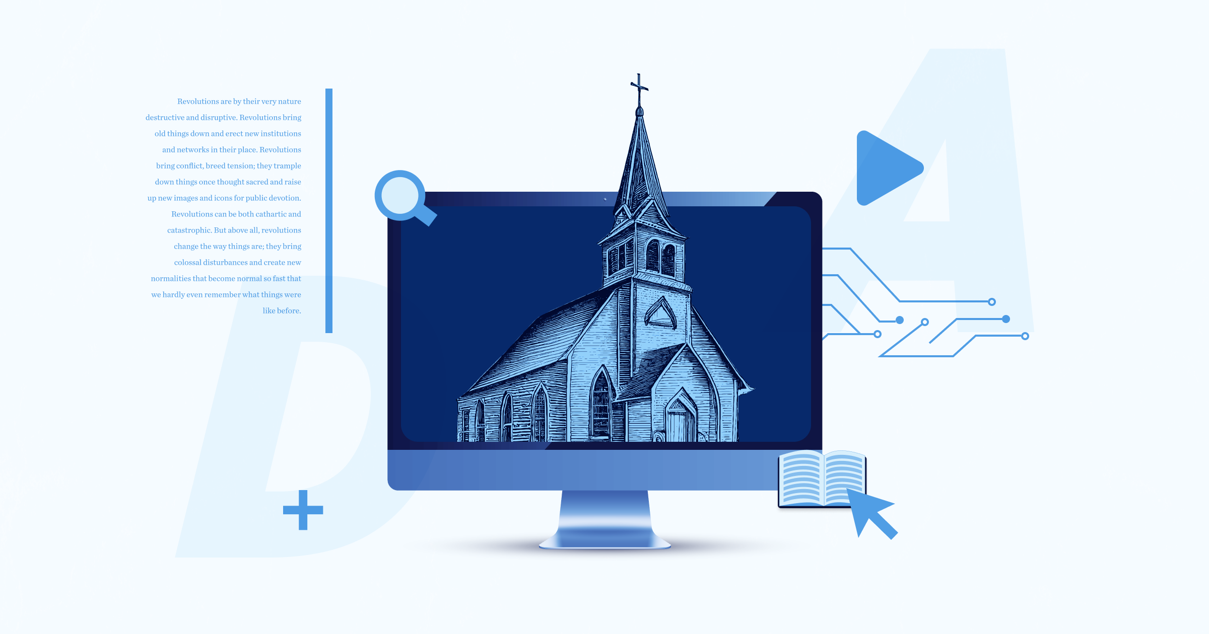 Computer screen with a church building on it