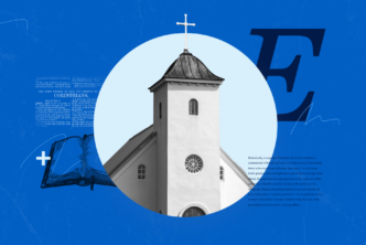 Graphic with a church building in a photo and an E representing the evangelical church