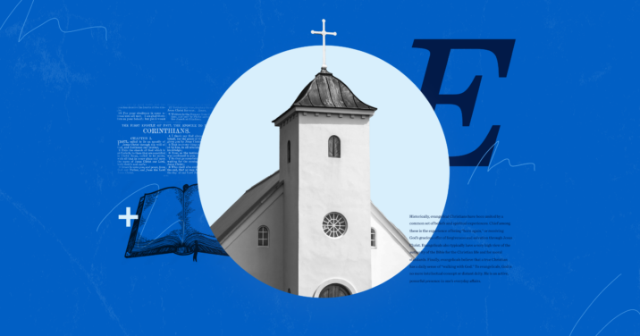 Graphic with a church building in a photo and an E representing the evangelical church