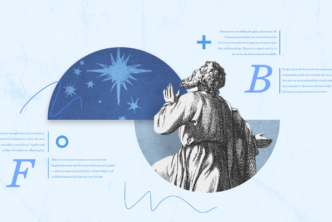 A graphic featuring a sketch image of a man looking up in prayer into the sky, with stars underneath a domed canopy. This represents the question of what firmament means in the Bible and how we should interpret Genesis 1:6.