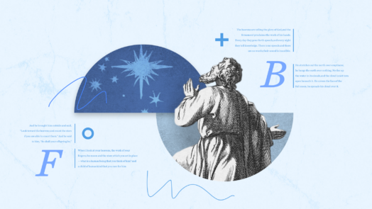 A graphic featuring a sketch image of a man looking up in prayer into the sky, with stars underneath a domed canopy. This represents the question of what firmament means in the Bible and how we should interpret Genesis 1:6.