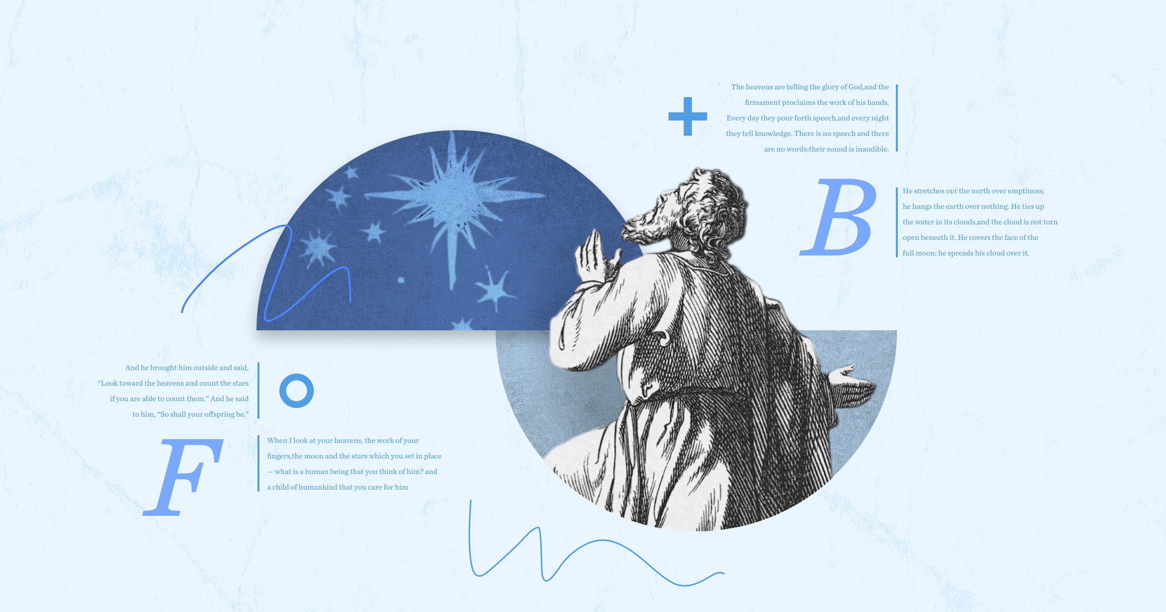 A graphic featuring a sketch image of a man looking up in prayer into the sky, with stars underneath a domed canopy. This represents the question of what firmament means in the Bible and how we should interpret Genesis 1:6.