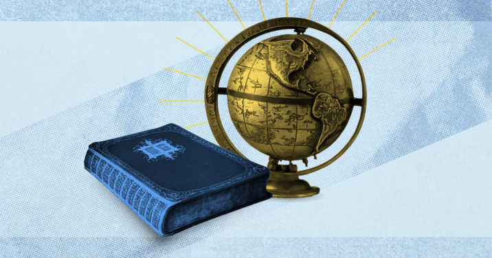 Graphic of a globe and a book, representing the question of how old the earth is according to the Bible