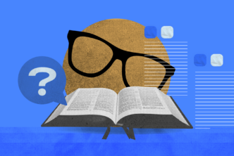 Graphic featuring an open Bible and a circle with glasses on and a question mark in front of it. This graphic represents Bible trivia.