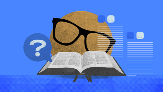 Graphic featuring an open Bible and a circle with glasses on and a question mark in front of it. This graphic represents Bible trivia.